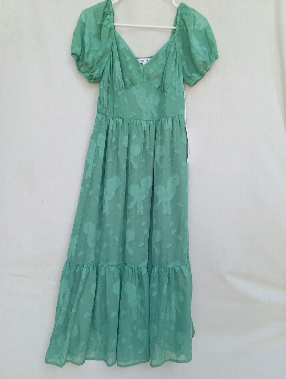 Mimi Chica Mint Green Floral Textured Puff-Sleeve Maxi Dress